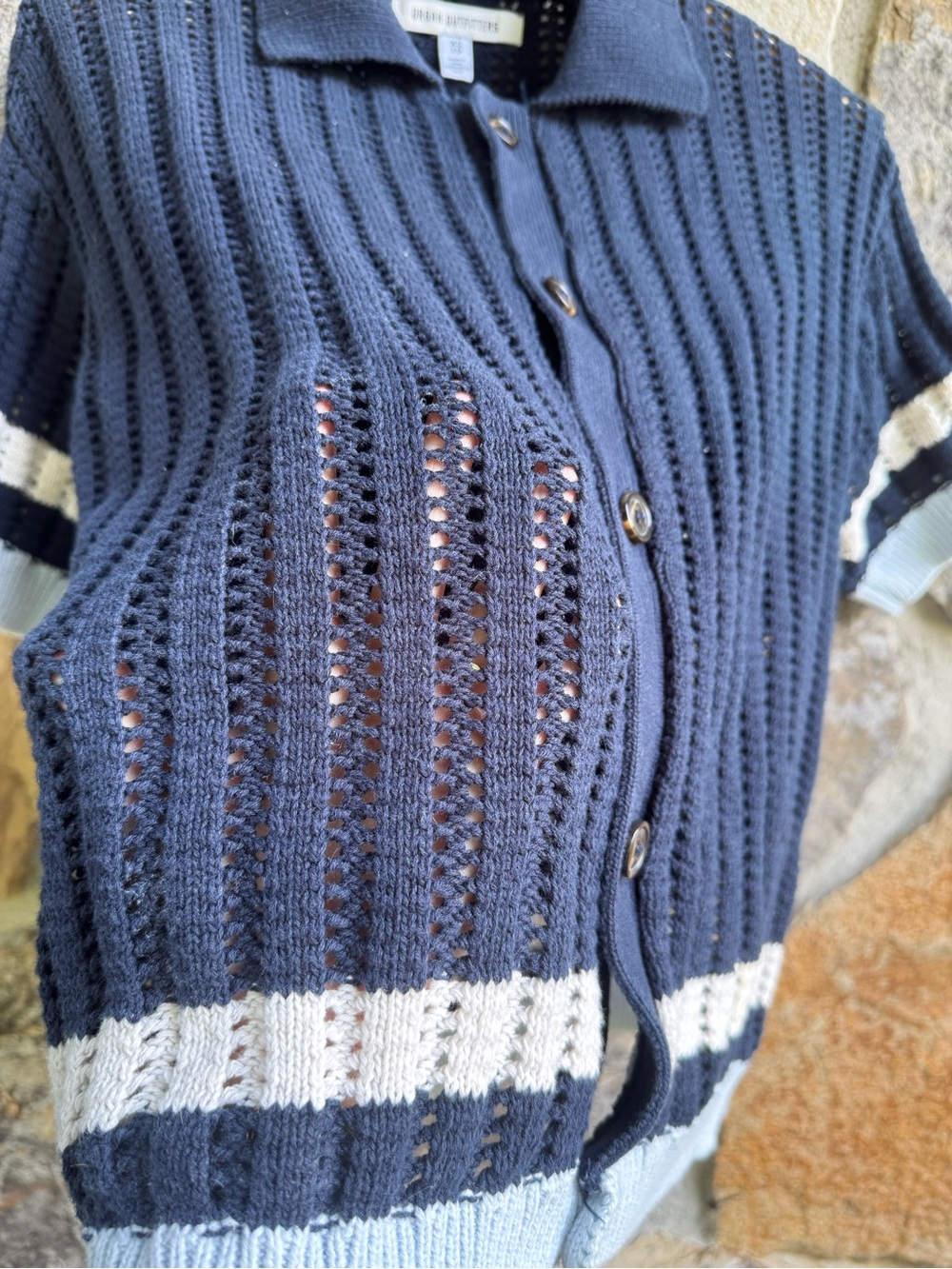 Urban Outfitters Navy Open-Knit Short Sleeve Button Cardigan 100% Cotton Dadcore - Picture 7 of 11